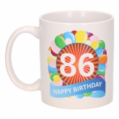 86 jaar Verjaardag koffiemok - cadeau beker - feestelijke ballonnen print - 300 ml - keramiek - wit