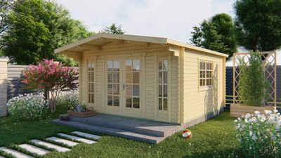Tuindeco Laula Blokhut 430x430 cm + luifel 100 cm 44 mm vuren blank- Zadeldak- Onbehandeld vurenhout- Tuindeco