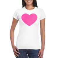 Verkleed T-shirt voor dames - hartje - wit - roze glitter - carnaval/themafeest