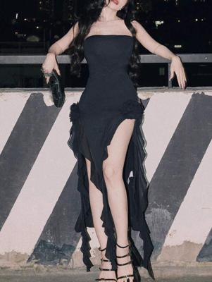 Black Strapless Ruffle Bodycon Maxi Dress | Sexy Split Thigh Black / XS