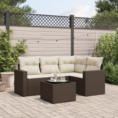 5-delige Loungeset met kussens poly rattan bruin