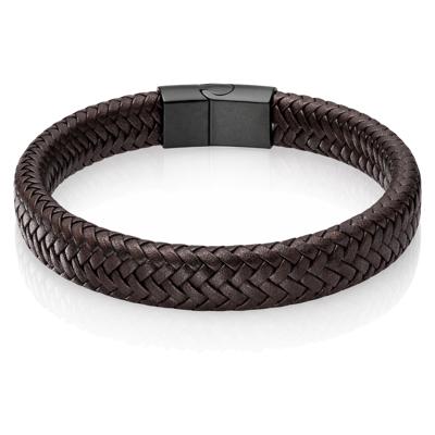 Gevlochten Leren Armband Heren Edelstaal Sluiting Bruin Zwart-20.5cm