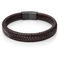 Gevlochten Leren Armband Heren Edelstaal Sluiting Bruin Zwart-20.5cm