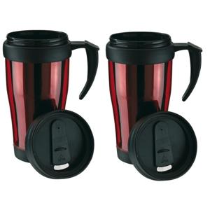 Thermosbeker/warmhoudbeker Koffie To Go - 2x - rood/zwart - 400 ml - koffie/thee bekers - dubbelwand