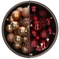 74x stuks kunststof kerstballen mix van donkerrood en camel bruin 6 cm - thumbnail