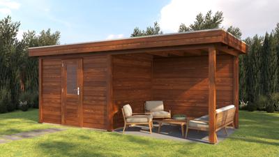 Lugarde Select Modern tuinhuis met overkapping Tilburg 300x250cm + 300cm - Bruine olie- Plat dak- - Lugarde Select