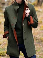 Green Solid Long Sleeve Pockets V Neck Jacket - thumbnail