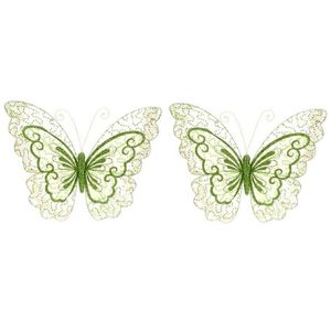 Set van 2x stuks groene vlinders met glitters op clip 34 cm