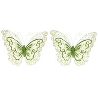 Set van 2x stuks groene vlinders met glitters op clip 34 cm