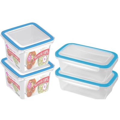 4x Voorraad/vershoudbakjes 0,75 en 2 liter transparant/blauw