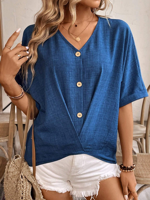Women's Short Sleeve Blue Summer Blouse Button Decoration V Neck Top - thumbnail