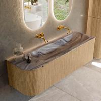 Badmeubel Mondiaz Kurve-Dlux | 145 cm | Meubelkleur Oak | Wastafelkleur Sombra | Solid surface | Wasbak rechter zijde spoelbak | Zonder kraangat(en)