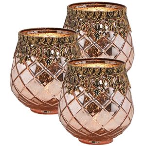 Set van 3x stuks glazen design windlicht/kaarsenhouder rose goud 13 x 14 x 13 cm