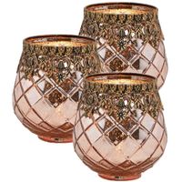 Set van 3x stuks glazen design windlicht/kaarsenhouder rose goud 13 x 14 x 13 cm