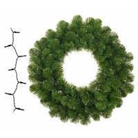 Groene kerstkrans/dennenkrans/deurkrans 45 cm inclusief helder witte verlichting   - - thumbnail