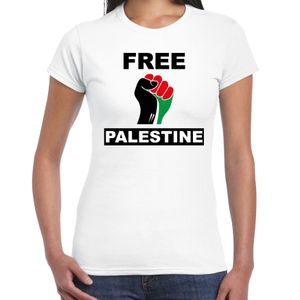 Free Palestine t-shirt wit dames - Palestina shirt met Palestijnse vlag in vuist