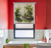Zen bamboe en waterfontein raambekleding badkamer