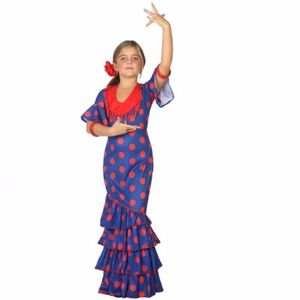 Flamenco danseres kostuum blauw met rood spaanse jurk 140 (10-12 jaar)  -