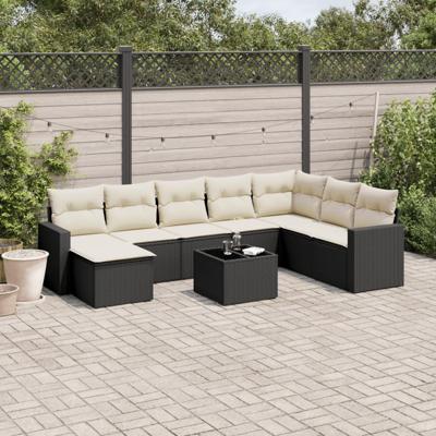 9-delige Loungeset met kussens poly rattan zwart