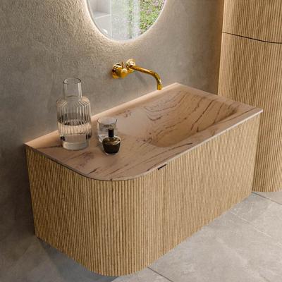 Badmeubel Mondiaz Kurve-Dlux | 85 cm | Meubelkleur Oak | Wastafelkleur Arena | Solid surface | Wasbak rechter zijde spoelbak | Zonder kraangat(en)
