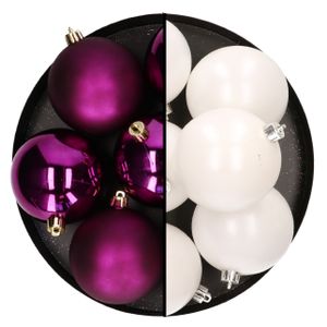 Kerstballen - 12x st - 8 cm - wit en paars - kunststof