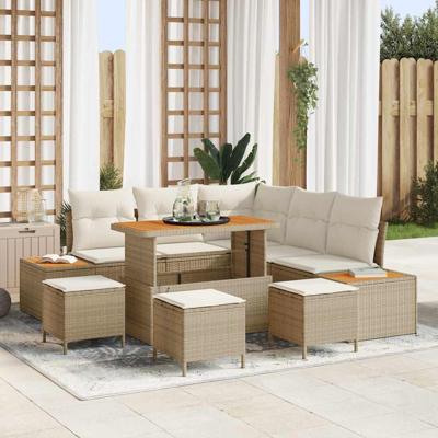 9-delige Tuinbankenset met kussens poly rattan acacia beige