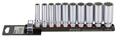 Doppenset 3/8", 12-kant lang 10-dlg. op rail 201010