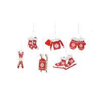 6x stuks houten kersthangers rood/wit wintersport thema kerstboomversiering