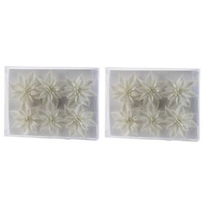 12x Kerstboomversiering witte glitter bloemen op ijzerdraad 8 cm