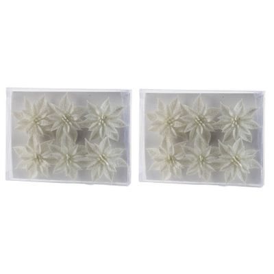 12x Kerstboomversiering witte glitter bloemen op ijzerdraad 8 cm