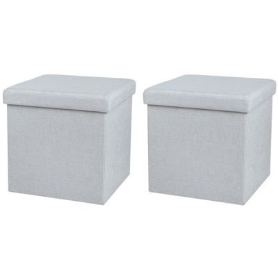 Poef/hocker - 2x - opbergbox zit krukje - lichtgrijs - linnen/mdf - 37 x 37 cm - opvouwbaar
