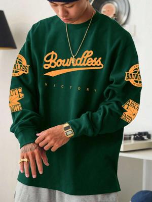 Men's Letter Print Sweatshirt - Dark Green Loose Fit Casual Top Dark Green / L