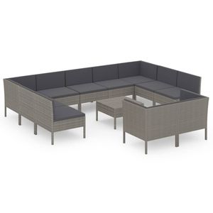 vidaXL 12-delige Loungeset met kussens poly rattan grijs