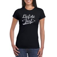 Liefste juf cadeau t-shirt met zilveren glitters op zwart voor dames