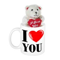 Valentijn cadeau I Love You beker / mok 300 ml met beige knuffelbeertje met love hartje - thumbnail