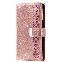 Samsung Galaxy A72 hoesje - Bookcase - Koord - Pasjeshouder - Portemonnee - Glitter - Bloemenpatroon - Kunstleer - Rose Goud - thumbnail