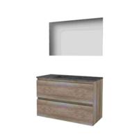 Basic-Line Ultimate 46 Badkamermeubelset - 100 x 46 cm - Greeploos - 2 Lades - Hardstenen Wastafel - 1 Kraangat - Spiegel met Indirecte LED Verlichting - Scotch Oak