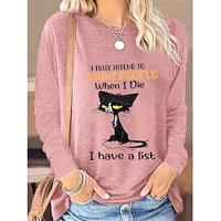 Dames T-shirt Kat Brief Afdrukken Dagelijks Weekend Modieus Lange mouw Ronde hals Blozend Roze Lente Herfst Lightinthebox - thumbnail