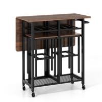 3-Delige Eettafelset Uitschuifbare Keukentafel met 2 Krukken Rollende Eettafelset met Wijnrek voor 6 Flessen & Planken Bruin