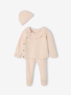 3-delige babyset met gebreid vestje + broek + muts rozen