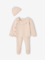 3-delige babyset met gebreid vestje + broek + muts rozen