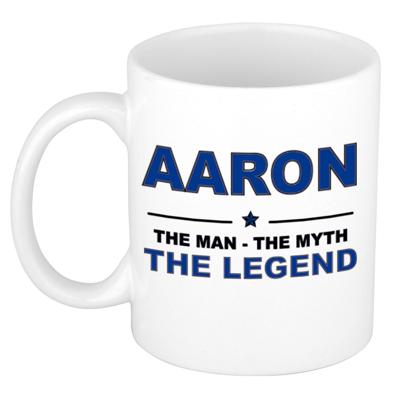 Aaron cadeau mok - man myth legend - naam koffiemok / beker - wit en blauw - 300 ml