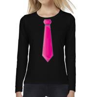 Verkleed shirt voor dames - stropdas roze - zwart - carnaval - foute party - longsleeve - thumbnail