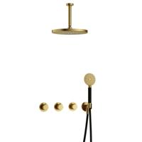 Hotbath Cobber - CB7067 - Inbouw Regendoucheset - Geborsteld Messing PVD - 2 Stopkranen - Thermostatisch - Plafondbuis 15 cm - Hoofddouche 300 mm - Ronde Handdouche 3 Standen - met M106 - Waterbesparend - V01