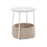 Ronde bijzettafel met stoffen mand, Wit + beige