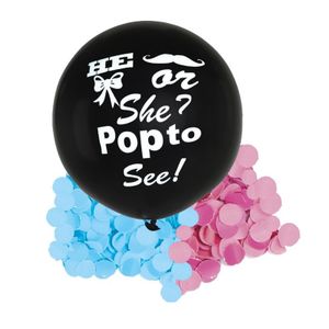 Gender reveal ballon voor party / feestje incl blauw en roze confetti zwart 91 cm   -