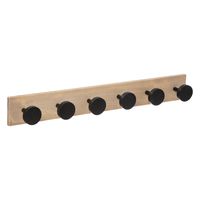 Kapstok rek voor wand/muur - lichtbruin/zwart - 6 ophanghaken/knoppen - MDF/ijzer - 58 x 8 cm