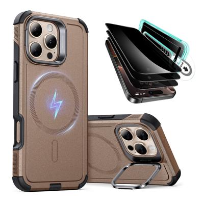 iPhone 16 Pro Cyber Tough Case with Stash Stand Privacy Protection Bundle - Gold