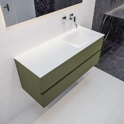 Mondiaz Vica Cloud badmeubel Army 120 cm 2 lades solid surface enkele spoelbak rechts zonder kraangat