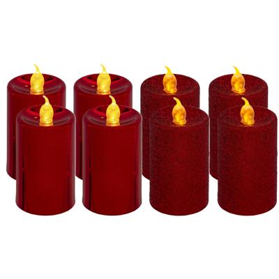 Feeric lights and christmas Kaarsen - 8x stuks - rood - LED - H7,5 cm - glans en glitterafwerking